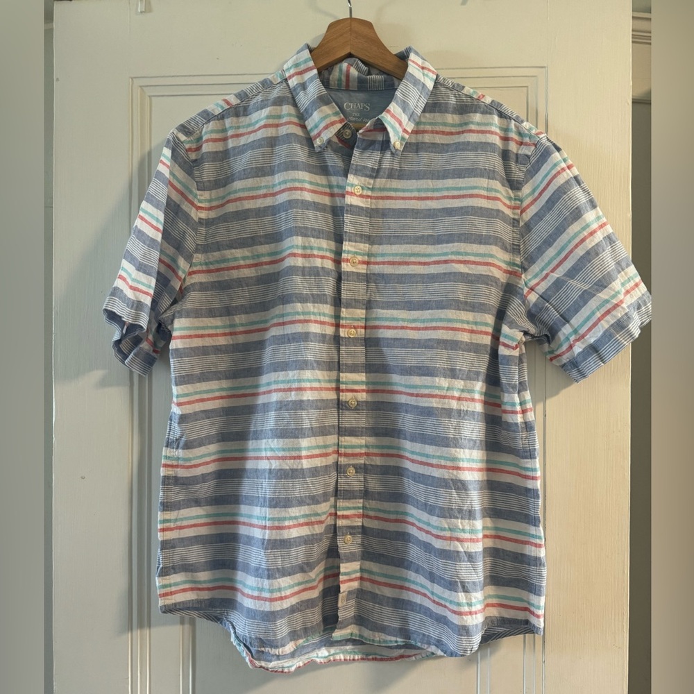 Chaps Shirt Mens XL Coastland Wash Short Sleeve Button Up Linen Blend Stripe